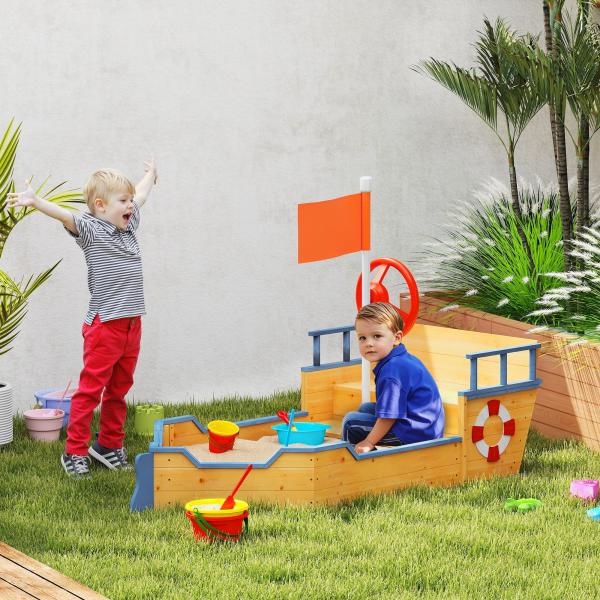 Caixa de Areia Infantil de Madeira Desenho de Galeão com Assento 2 Degraus Bandeira Vermelha e Leme Caixa de Areia de Jardim para Crianças acima de 3 Anos 158x78x45,5cm Natural