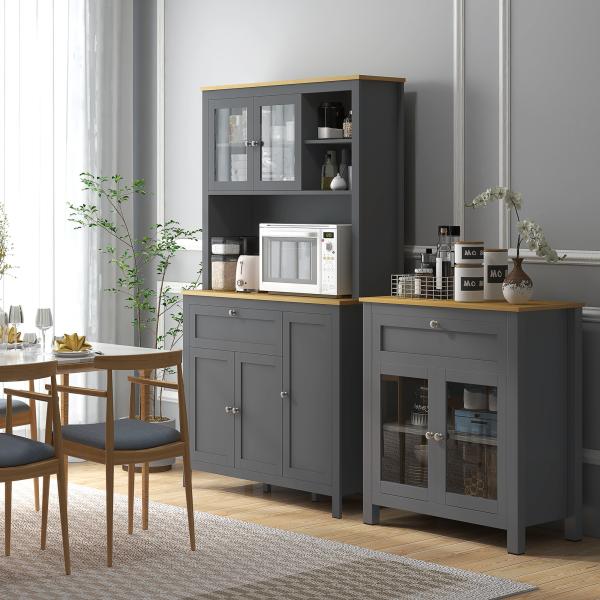 Armário de Cozinha Alto com 5 Portas Prateleira Ajustável, Gaveta Bancada Aberta para Microondas Orifício para Cabo 100x40x180 cm Cinza