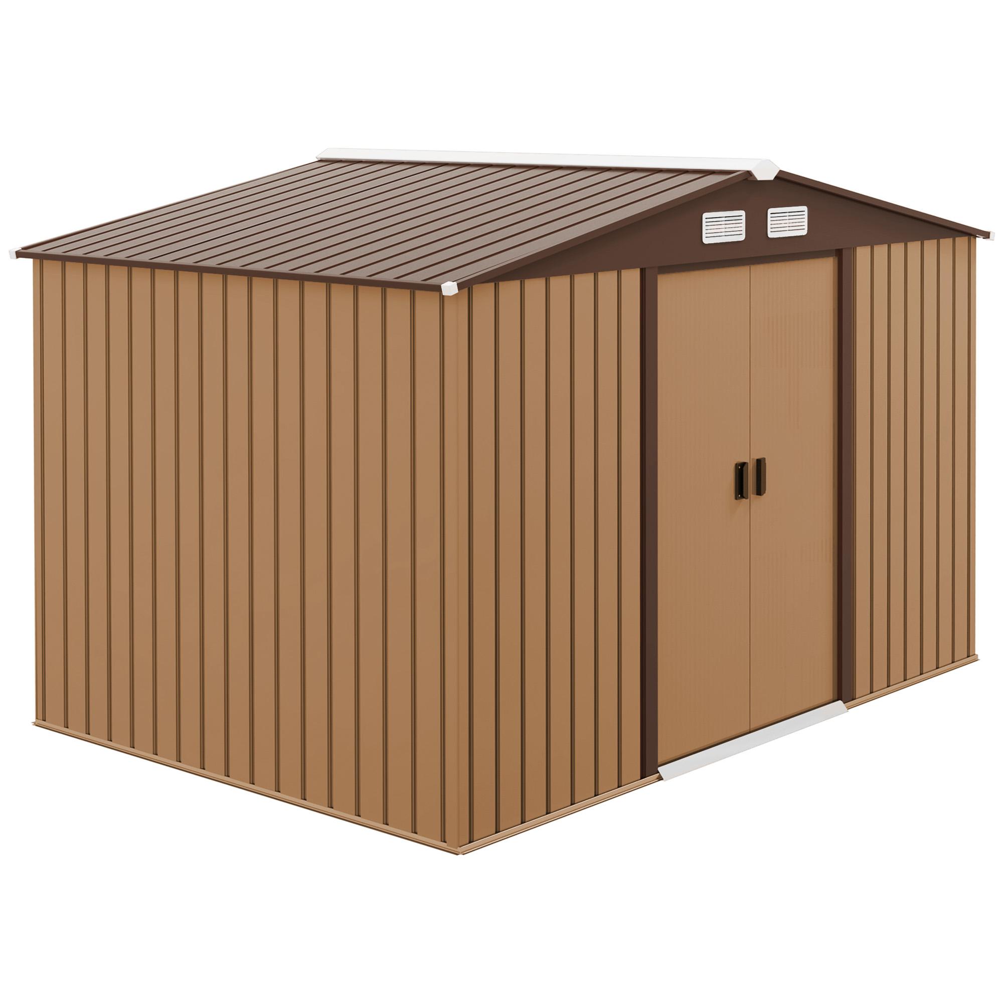 Abrigo de Jardim Exterior 4,83 m² 277x195x192 cm Abrigo e Jardim Metálico para Armazenamento de Ferramentas com Base Incluída e 4 Janelas Castanho