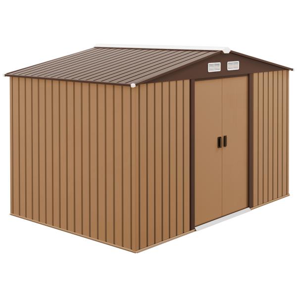Abrigo de Jardim Exterior 4,83 m² 277x195x192 cm Abrigo e Jardim Metálico para Armazenamento de Ferramentas com Base Incluída e 4 Janelas Castanho