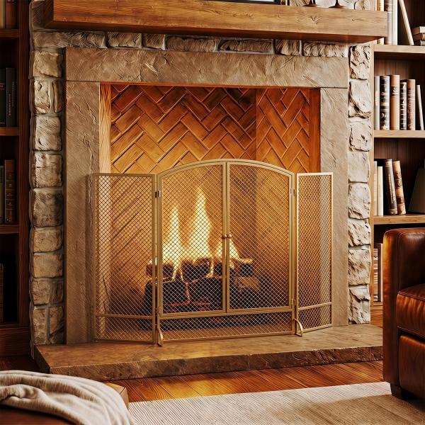 Guarda - Fagulhas para Lareira Dobrável de 3 Painéis em Metal com Porta Dupla para Casa 122x75 cm Dourado