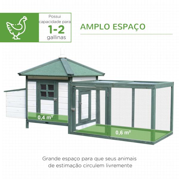Galinheiro de Madeira de Pinho para 1 - 2 Galinhas com Caixa Ninho Bandeja e Espaço para Correr 196x76x97 cm Verde