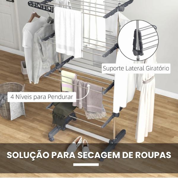 Estendal Vertical de 4 Níveis com Rodas, 2 Abas Rebatíveis, Prateleiras Ajustáveis e Estrutura em Aço, Cinzento e Prateado