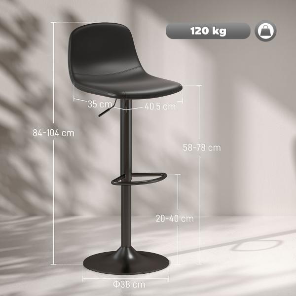 2 Bancos de Bar Reguláveis em Altura 84 - 104 cm com Encosto e Apoio para os Pés Estofadas em PU Giratórias em 360° Preto
