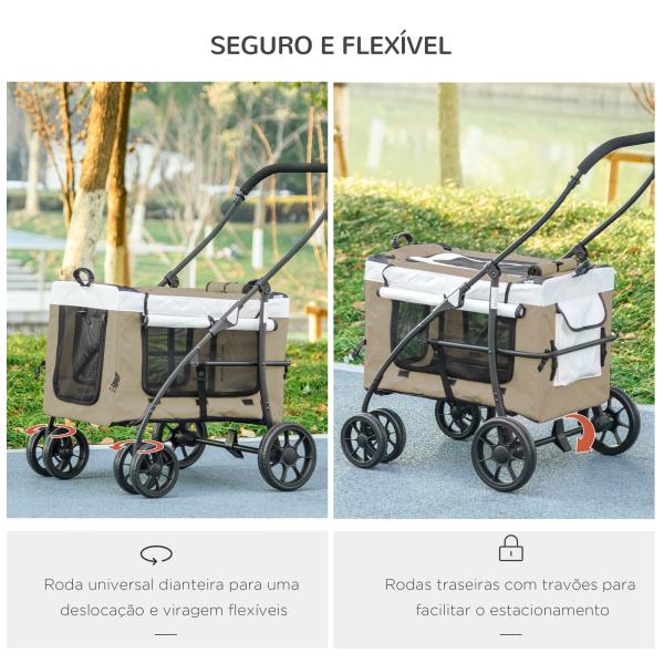 Carrinho para Animais de Estimação Carrinho para Cães Dobrável com Compartimento Desmontável 4 Portas 81x58x97,5 cm Cáqui