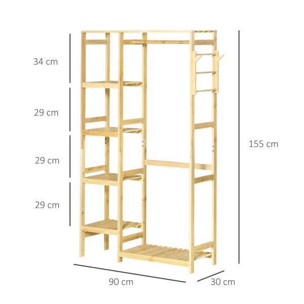 Suporte para Cabides de Bambu Cabideiro com Prateleiras de 4 Níveis com Barra Prateleira Inferior e Cabide Lateral 90x30x155cm Madeira