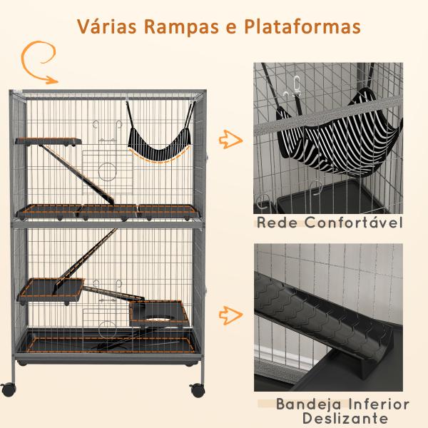 Gaiola para Roedores 80x52x128 cm Casa de 4 Alturas com Rampas Suspensa Rede Bandeja Removível Rodas Cinza Prateado