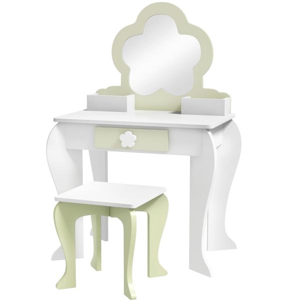 Toucador Crianças com Espelho e Banco Toucador de Maquilhagem para Crianças de 3 - 6 Anos 55x34x87,5 cm Branco e Verde Pastel