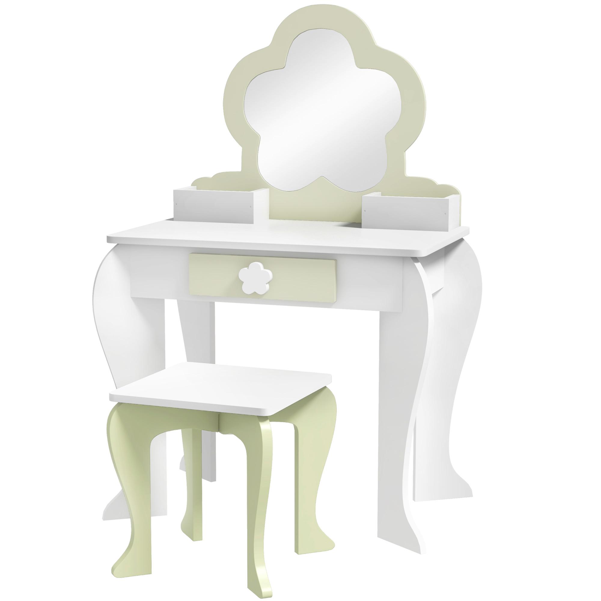 Toucador Crianças com Espelho e Banco Toucador de Maquilhagem para Crianças de 3 - 6 Anos 55x34x87,5 cm Branco e Verde Pastel