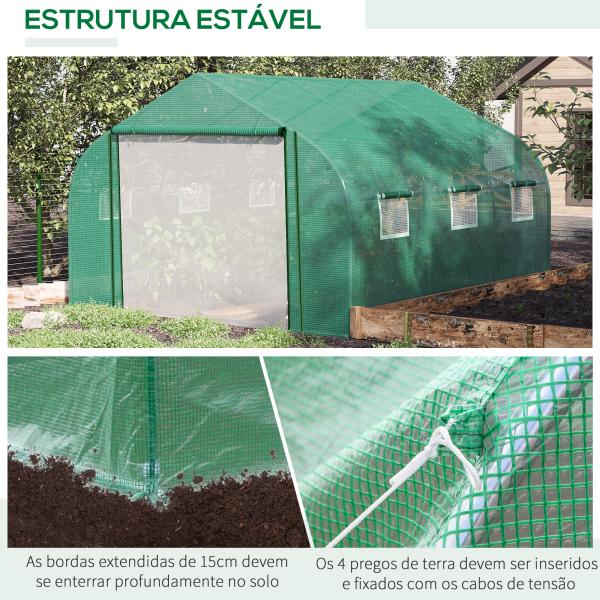 Estufa de Túnel 3,5x3x2m Estufa de Jardim com Porta e 6 Janelas Enroláveis de Polietileno Metal Galvanizado para Cultivos de Plantas Flores Verde