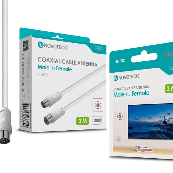 Cabo Coaxial de Antena Novoteck SL-002 – Macho para Fêmea, 3,0m