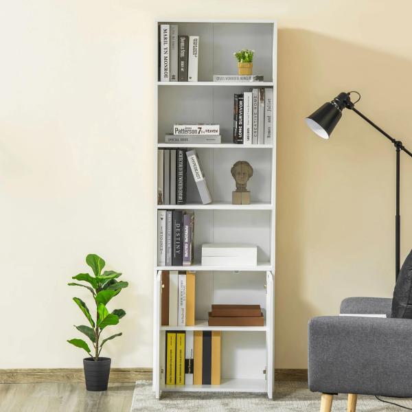 Estante para Livros com 4 Compartimentos Abertos e 1 Armário com 2 Prateleiras Armazenamento Livros Plantas para Sala de Estar Escritório 59x29x180cm Branco