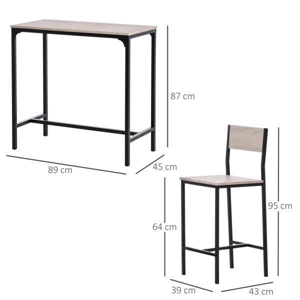 Conjunto de Mesa de Bar com 2 Bancos Conjunto de 3 Peças com 2 Bancos com Encosto e Apoio para Pés Design Industrial Madeira e Preto