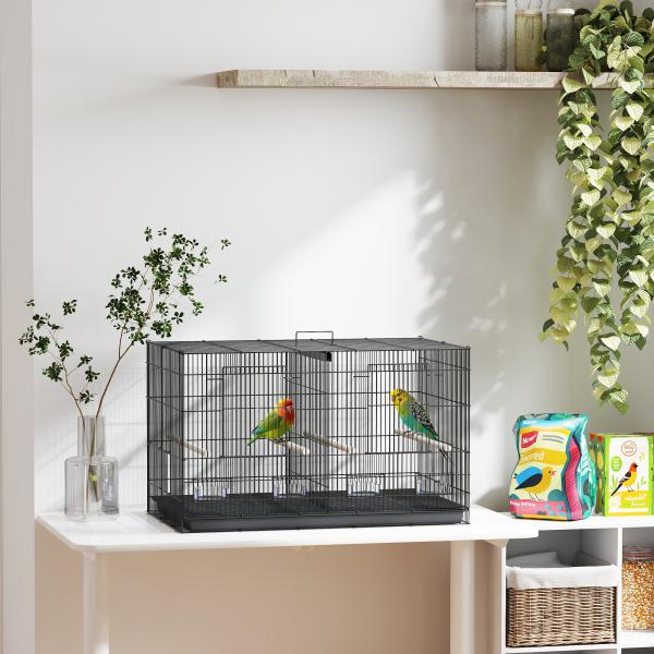 Gaiola para Pássaros com Divisória Gaiola para Aves com 4 Comedouros 4 Poleiros e Bandeja Amovível 76x46x46 cm Preto