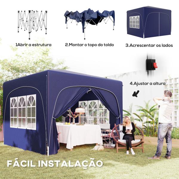 Tenda Dobrável 3x3 m com Painéis Laterais UPF50+ Tenda de Jardim com Altura Ajustável e Bolsa de Transporte Azul Escuro