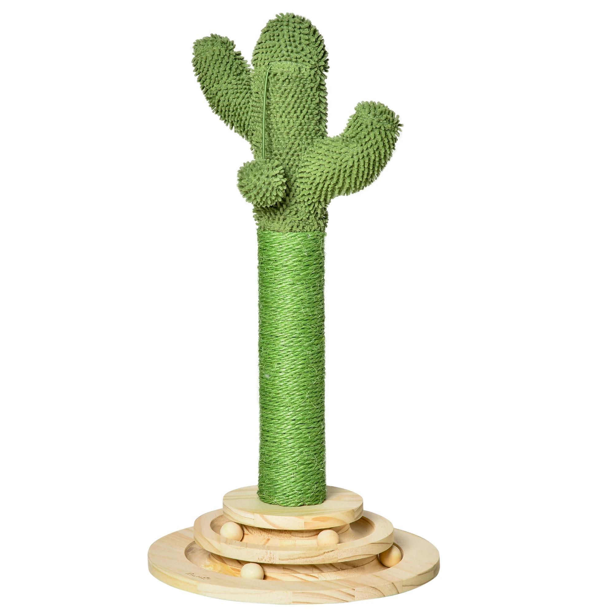 Poste Arranhador para Gatos em Forma de Cactus Pequena Árvore Arranhadora para Gatos com Poste de Sisal e Pelúcia Bola Suspensa e Base com Brinquedo de Madeira 32x32x60cm Verde