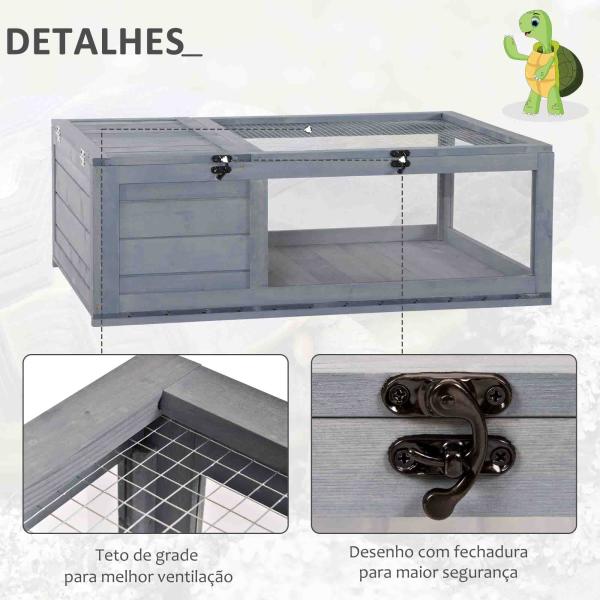 Terrario para Reptéis Casa para Tartarugas de Madeira com Painéis Laterais Transparentes e Trava 91x60,5x32 cm Cinza