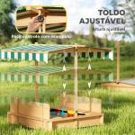 Caixa de Areia para Crianças de Madeira com Toldo Ajustável em Altura 2 Bancos e Encostos para Jardim 106x106x121 cm Natural