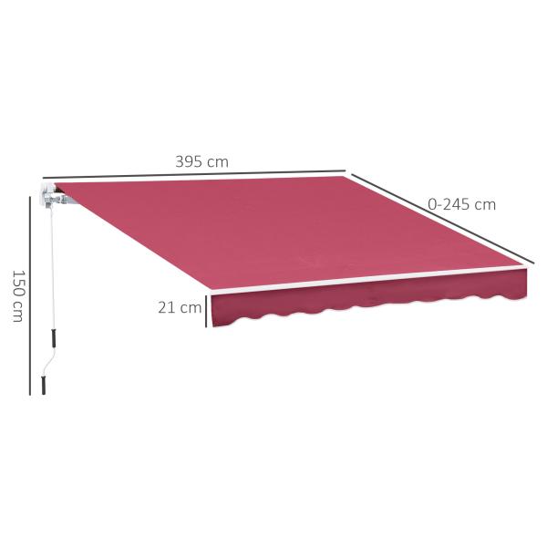 Toldo Manual 395x245 cm Toldo de Varanda Pátio com Manivela de Alumínio e Tecido de Poliéster 280 g/m² Vinho