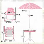 Conjunto Infantil de Mesa e Cadeiras de Jardim de 4 Peças Cadeiras Dobráveis Chapéu de Sol Desmontável Design Unicórnios Rosa