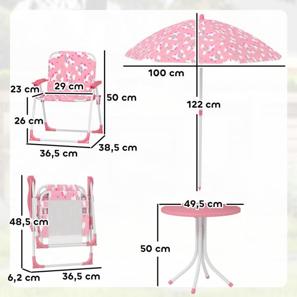 Conjunto Infantil de Mesa e Cadeiras de Jardim de 4 Peças Cadeiras Dobráveis Chapéu de Sol Desmontável Design Unicórnios Rosa
