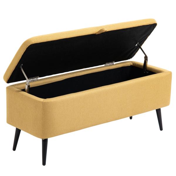 Banco de Armazenamento Estofado em Linho com Tampa Abatível e Pés de Aço Carga Máxima 150kg 101x38,5x44,5 cm Amarelo