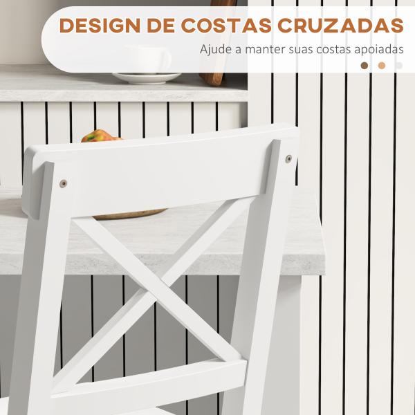 Conjunto de 2 Bancos Altos de Cozinha Bancos de Bar de Madeira com Apoio para os Pés e Encosto Cruzado Carga Máxima 120 kg Branco