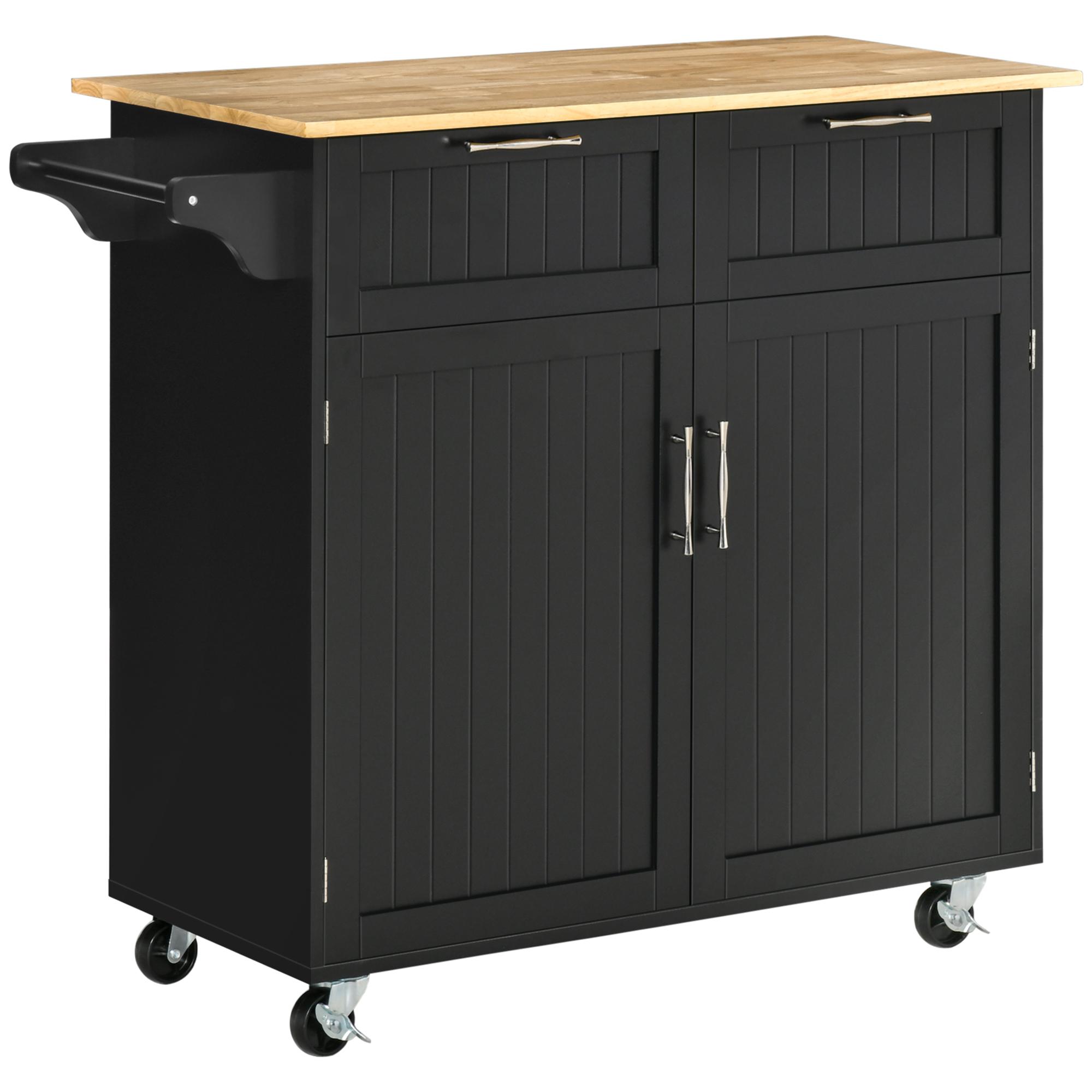Carrinho de Cozinha com Rodas Móvel Auxiliar de Cozinha com 2 Gavetas 2 Portas Prateleira Ajustável 104x46x91 cm Preto
