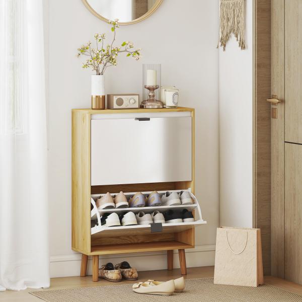Sapateira Estreita com 2 Portas em Branco Brilhante e Estantes Ajustáveis Pés de Madeira para 12 Pares de Sapatos 60x24x91 cm