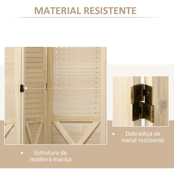 Biombo de 4 Painéis Separador de Ambientes Dobrável 152x1,7x144,5 cm Painéis com Orifícios para Pendurar Madeira