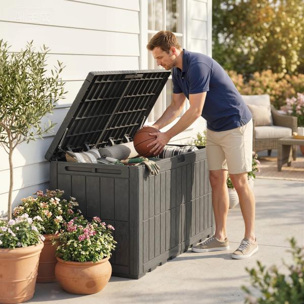 Baú Exterior Capacidade 440L em Resina Resistente à Água e aos Raios UV com Tampa Bloqueável 133x62x65 cm Castanho