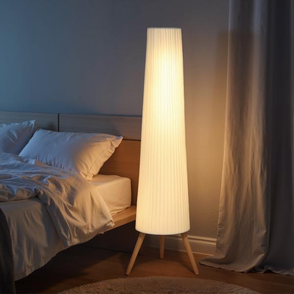 Candeeiro de Pé com Tripé Brilho Ajustável 3 Níveis Interruptor de Pé Pernas de Madeira e Ecrã de Tecido 46x46x153 cm Branco