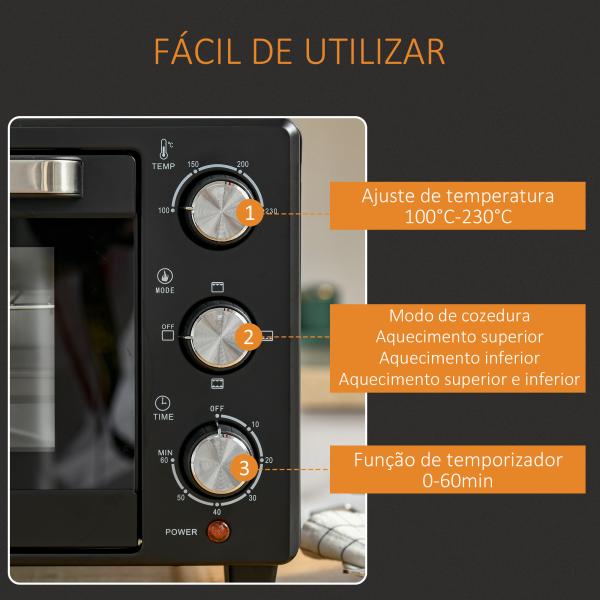 Mini Forno Elétrico 21L 1400W com Temporizador até 60min e Temperatura Ajustável até 230℃ 46x38,5x29 cm Preto