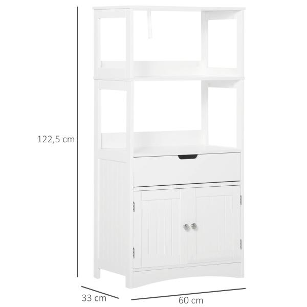 Armário para Banheiro com 3 Prateleiras Gaveta e 2 Portas Móvel de Armazenamento para Cozinha, Sala de estar Dormitório 60x33x122,5cm Branco