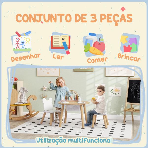 Mesa Infantil com 2 Cadeiras com Espaço de Arrumação para Crianças de 3 - 6 Anos para Sala de Jogos Dormitório Madeira e Branco