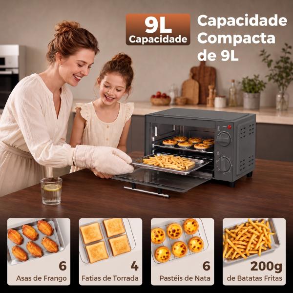 Mini Forno Elétrico 9 L de Bancada 750 W com Temperatura Ajustável e Temporizador, 35x24,6x20 cm, Cinzento