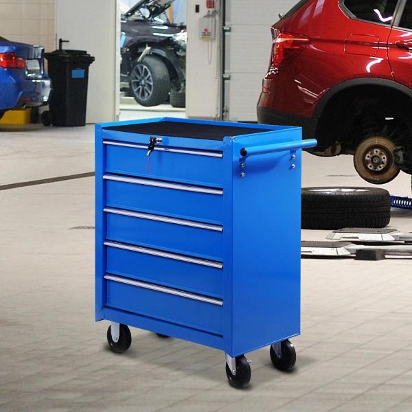 Carrinho de Ferramentas para Oficina com Rodas e 5 Gavetas Fechadura e Alça Lateral 67,5x33x77 cm Vermelho