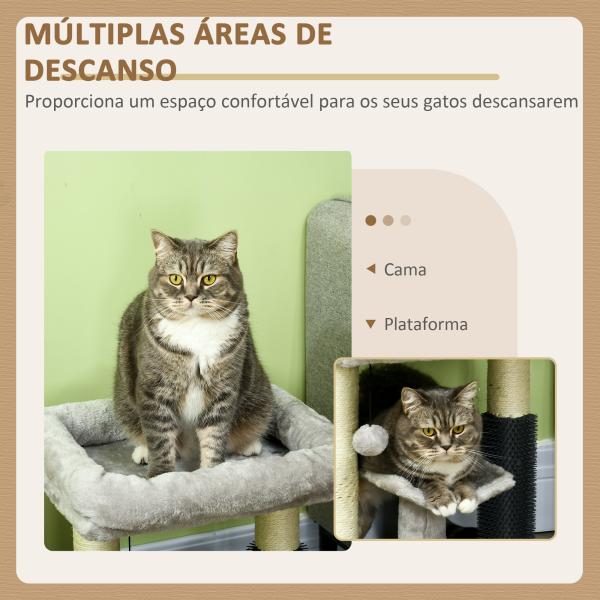 Arranhador para Gatos com 2 Postes de Arranhar Cama Plataforma em U e Escova Bola Suspensa 40x40x48 cm Cinza