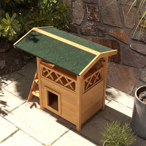 Casa para Gatos de Madeira 77x50x73cm com 2 Níveis Teto Asfáltico Terraço Cercado Caverna e Escada Madeira
