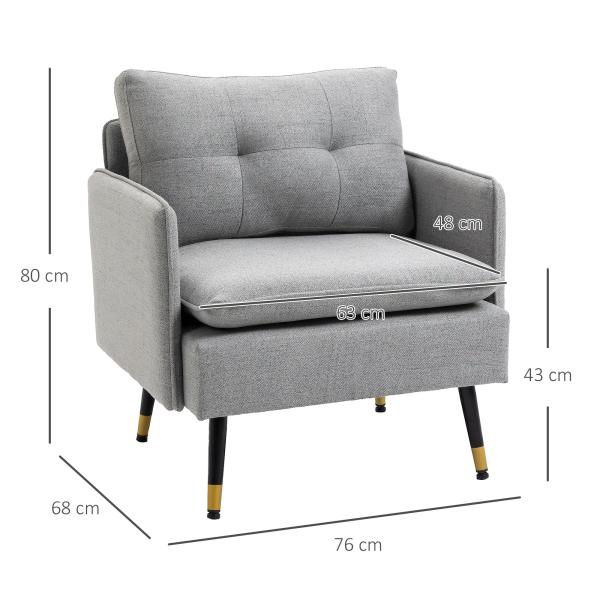 Poltrona Sala de Estar Poltrona Relax com Apoio para os Braços Assento Acolchoado e Pés de Aço 76x68x80 cm Cinza