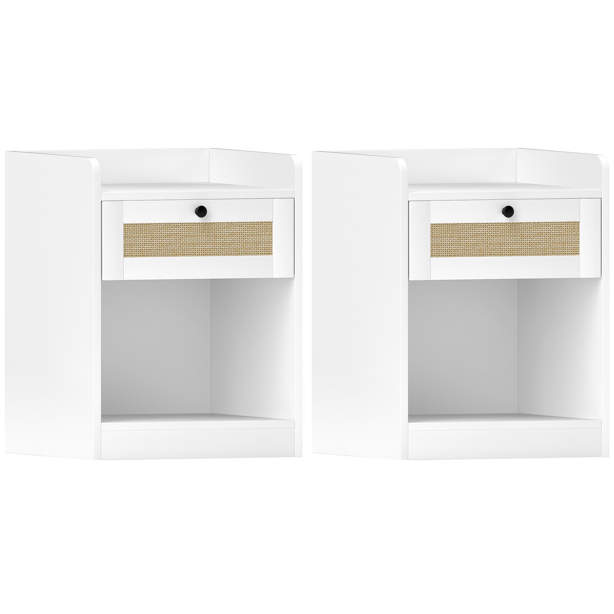 Conjunto de 2 Mesas de Cabeceira Mesas de Cabeceira para Dormitório com Gaveta em Vime 40x40x53 cm Branco