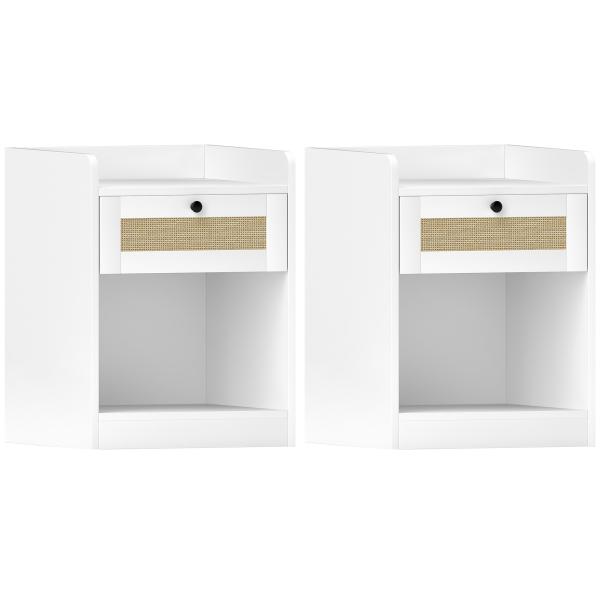Conjunto de 2 Mesas de Cabeceira Mesas de Cabeceira para Dormitório com Gaveta em Vime 40x40x53 cm Branco