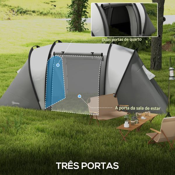 Tenda de Campismo Familiar para 4 - 5 Pessoas Impermeável 3000 mm com 2 Quartos Bolsa de Transporte e Gancho 450x220x180 cm Cinzento