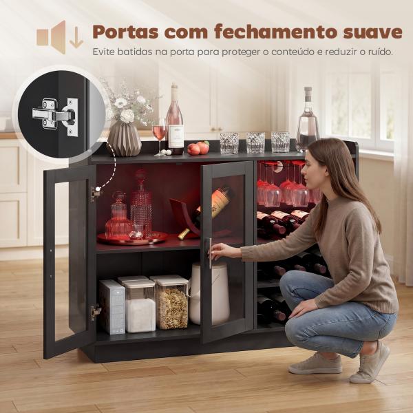 Móvel de Bar com Luzes LED RGB e Porta - Garrafas para 12 Garrafas Armário Buffet para Vinhos para Sala de Jantar Sala de Estar Preto