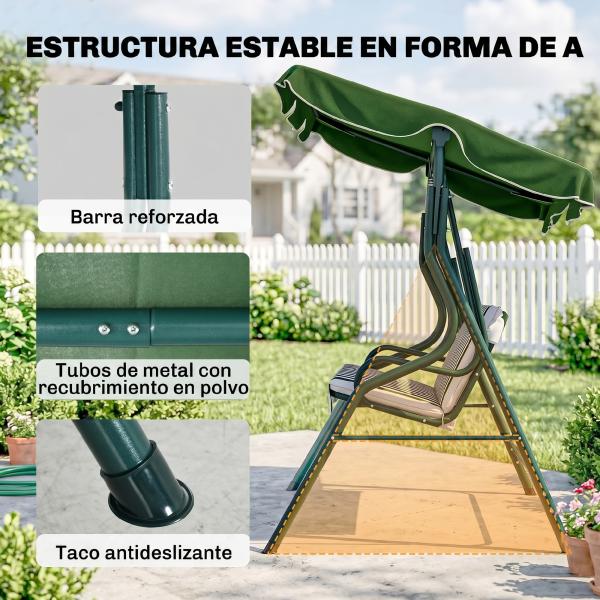 Baloiço de Jardim de 2 - 3 Lugares com Almofada Toldo Ajustável Terraço Patio Capacidade 240kg 170x110x153cm Verde e Branco