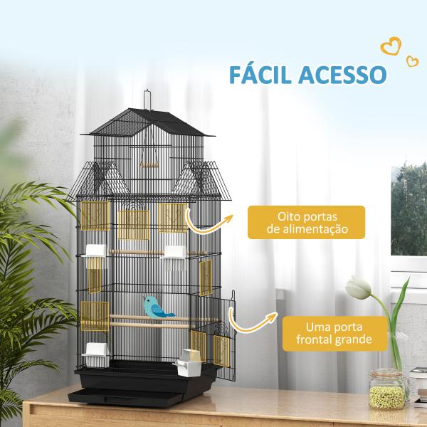 Gaiola de Metal para Pássaros com Bandeja Amovível 4 Comedouros 3 Poleiros e 1 Baloiço 50,5x41x104 cm Preto