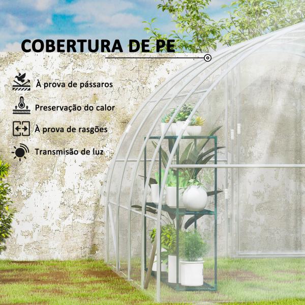 Estufa de Túnel 395x295x195 cm Estufa de Jardim com 2 Portas Estufa para Horticultura com Teto Arredondado Transparente
