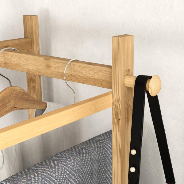 Cabide de Pé de Bambu com 2 Prateleiras 2 Ganchos 5 Barras e Estrutura de Aço 46x28,5x153,5 cm Madeira e Preto