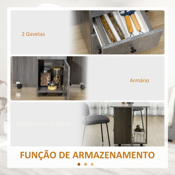 Mesa de Refeição Dobrável com Rodas Mesa Abatível com 2 Gavetas e Armário Mesa Auxiliar Multifuncional 120x60x76,5 cm Cinza