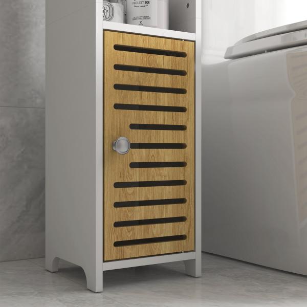 Armário Casa de Banho Moderno com Prateleiras e Suporte para Papel Higiénico 18x20x90 cm Branco e Madeira